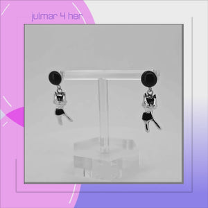 Cat Sterling Silver with Black Onyx drop Earrings viewed in 3d rotation