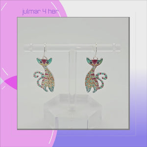 Cat Radiance Sterling Silver plated dangle Earrings with Enamels viewed in 3d rotation