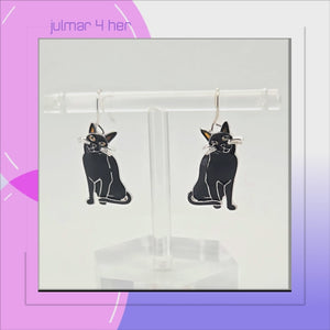 Black Cat Sterling Silver plated dangle Earrings with hand-painted Enamels viewed in 3d rotation