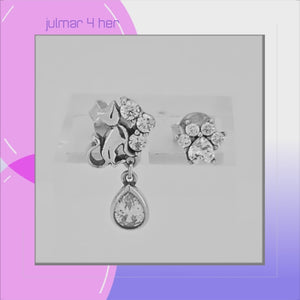 Cat & Paw Sterling Silver with Cubic Zirconia Asymmetrical Earrings viewed in 3d rotation