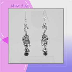 Cat Sterling Silver and  Obsidian dangle Earrings viewed in 3d rotation