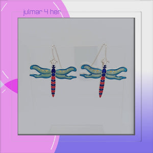Dragonfly Calypso Sterling Silver plated dangle Earrings with hand-painted Enamels viewed in 3d rotation