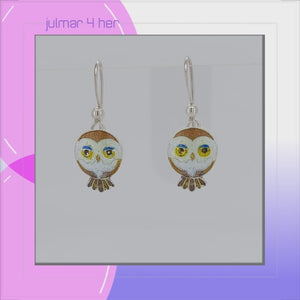 Owl Sterling Silver hook Earrings with Enamels viewed in 3d rotation