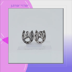 Horseshoe & Horse Sterling Silver stud Earrings viewed in 3d rotation
