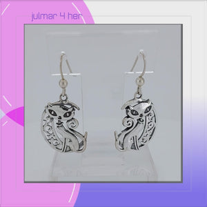 Cat with Crescent Moon Sterling Silver hook Earrings viewed in 3d rotation