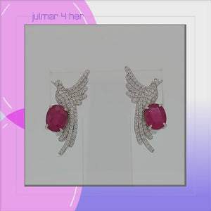 Bird of Paradise Sterling Silver Omega Lock earrings with Ruby & Cubic Zirconia viewed in 3d rotation