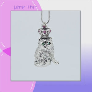 Cat with Crown Sterling Silver Pendant with Emerald & Ruby viewed in 3d rotation