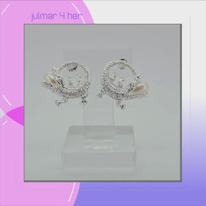Crocodile Sterling Silver and Freshwater Pearl stud Earrings viewed in 3d rotation
