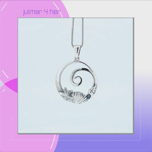 Starfish, Shells & Wave Sterling Silver Pendant viewed in 3d rotation