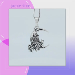 Cat, Witch & Moon Sterling Silver Pendant viewed in 3d rotation