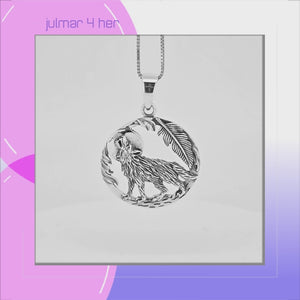 Howling Wolf Feather & Moon Sterling Silver Pendant viewed in 3d rotation