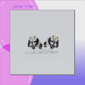 Panda Bear Sterling Silver plated stud Earrings with hand-painted Enamels viewed in 3d rotation