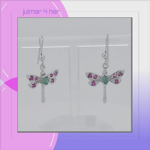Dragonfly Sterling Silver Earrings with Emerald & Ruby viewed in 3d rotation
