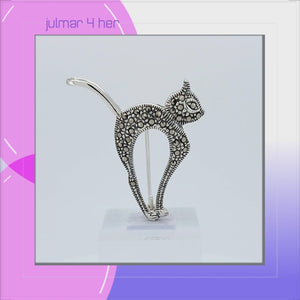 Cat Sterling Silver Pin with Marcasite viewed in 3d rotation