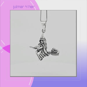 Cat & Witch on Broomstick Sterling Silver Pendant viewed in 3d rotation