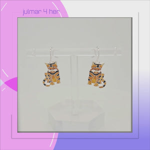 Tabby Cat Sterling Silver plated dangle Earrings with Enamels viewed in 3d rotation