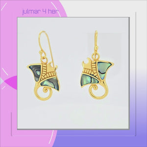 Manta Ray 18kt Gold Vermeil and Abalone dangle Earrings viewed in 3d rotation