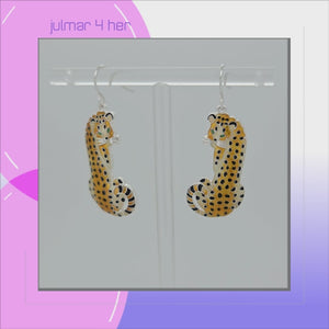 Cheetah Sterling Silver plated dangle Earrings with Enamels viewed in 3d rotation