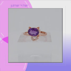 Cat Sterling Silver adjustable Ring with Rose Gold & Amethyst viewed in 3d rotation