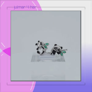Panda Asymmetrical Sterling Silver stud Earrings with Enamels & Cubic Zirconia viewed in 3d rotation