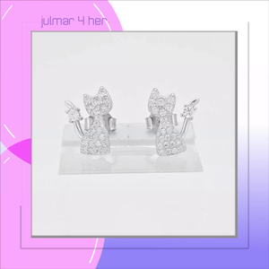 Cat Sterling Silver with Cubic Zirconia stud Earrings viewed in 3d rotation