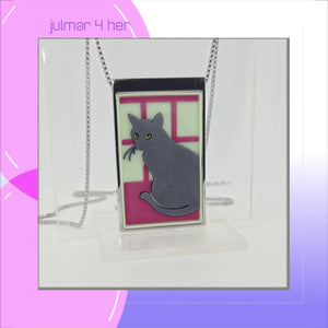 Black Cat in the Window Stainless Steel Pendant with Vinyls viewed in 3d rotation