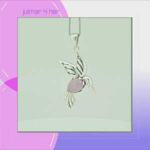 Hummingbird Sterling Silver and Rose Quartz Pendant viewed in 3d rotation