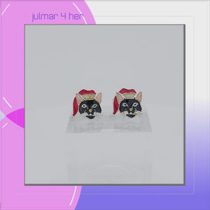 Black Cat with Santa Hat Sterling Silver plated push-back Earrings with Enamels viewed in 3d rotation