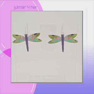 Dragonfly Sterling Silver plated dangle Earrings with Enamels viewed in 3d rotation