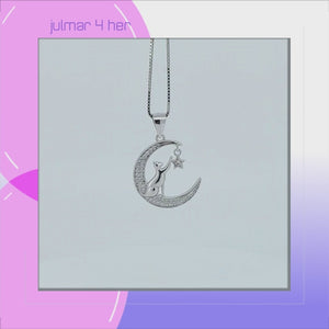 Cat Moon and Star Sterling Silver Pendant with Cubic Zirconia viewed in 3d rotation