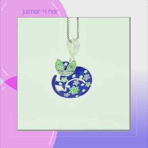 Cat with Flowers Sterling Silver Pendant with hand-painted Enamels viewed in 3d rotation