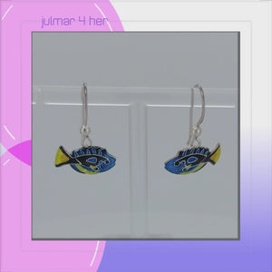Blue Tang Sterling Silver hook Earrings with Enamels viewed in 3d rotation