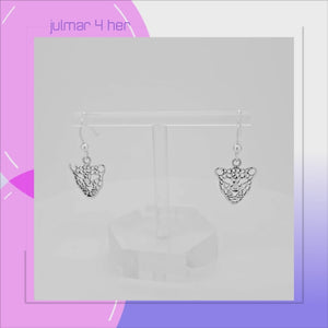 Leopard Face filigree Sterling Silver hook Earrings viewed in 3d rotation