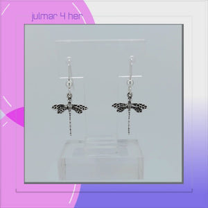 Dragonfly Sterling Silver hook Earrings with Oxidised accents viewed in 3d rotation