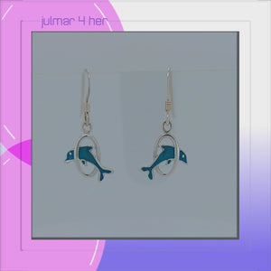 Dolphin in Hoop Sterling Silver hook Earrings with Enamels viewed in 3d rotation