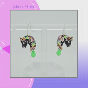 Horse Sterling Silver plated dangle Earrings with Jade & Enamels viewed in 3d rotation