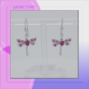 Dragonfly Sterling Silver Earrings with Ruby viewed in 3d rotation