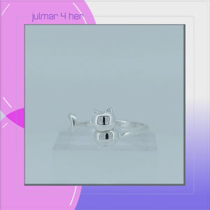 Cat & Butterfly Sterling Silver Adjustable Ring viewed in 3d rotation