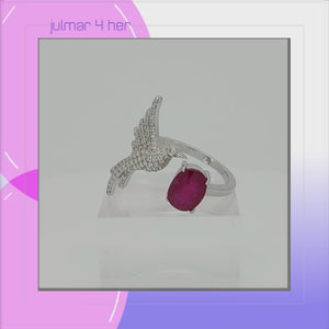 Bird of Paradise Sterling Silver adjustable Ring with Ruby & Cubic Zirconia viewed in 3d rotation