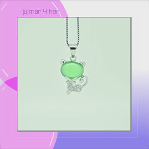 Cat Sterling Silver with Green Moonstone & Cubic Zirconia Pendant viewed in 3d rotation