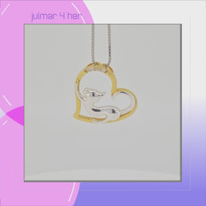 Heart Cat Sterling Silver 18kt Gold & Cubic Zirconia Pendant viewed in 3d rotation