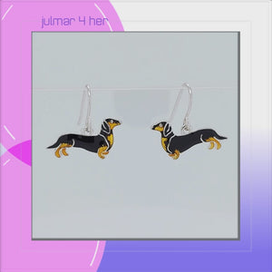 Dachshund Sterling Silver plated dangle Earrings with Enamels viewed in 3d rotation