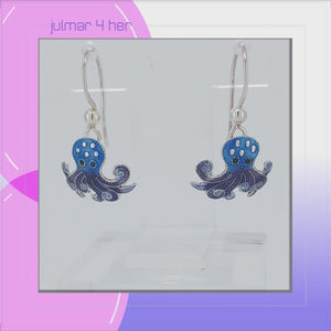 Octopus Sterling Silver hook Earrings with Enamels viewed in 3d rotation