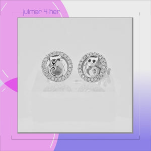 Cat Sterling Silver with Cubic Zirconia stud Earrings viewed in 3d rotation