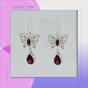 Butterfly Sterling Silver and Garnet dangle Earrings viewed in 3d rotation
