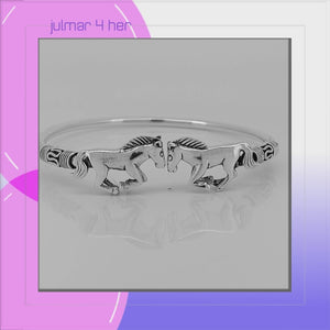 Horses Galloping solid Sterling Silver Bracelet Cuff viewed in 3d rotation