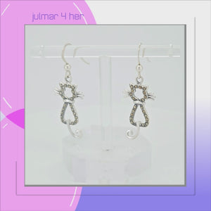 Cat Sterling Silver hook Earrings with Marcasite viewed in 3d rotation