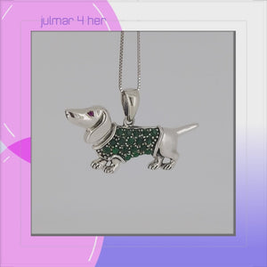 Dachshund Sterling Silver Pendant with Green Cubic Zirconia viewed in 3d rotation
