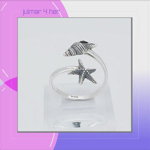 Starfish & Conch Shell Sterling Silver adjustable Ring viewed in 3d rotation