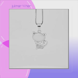 Cat Sterling Silver with White Moonstone & Cubic Zirconia Pendant viewed in 3d rotation